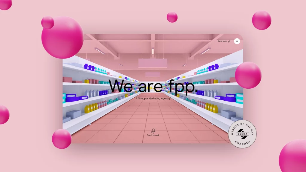 Una ilustración estilizada en 3D de un pasillo de supermercado rosa con esferas flotantes de color púrpura y una gran superposición de texto que dice "we are fpp", que presenta los mejores diseños de sitio web 2023.