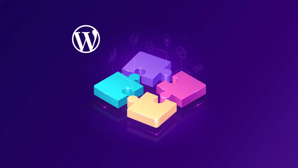 Coloridas piezas de rompecabezas isométricas con el logotipo de WordPress sobre un fondo oscuro, que simbolizan un diseño web modular y personalizable optimizado por complementos para optimizar WordPress.