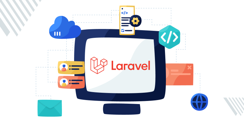 Una ilustración gráfica que representa el proyecto Laravel con herramientas asociadas de desarrollo web e iconos.