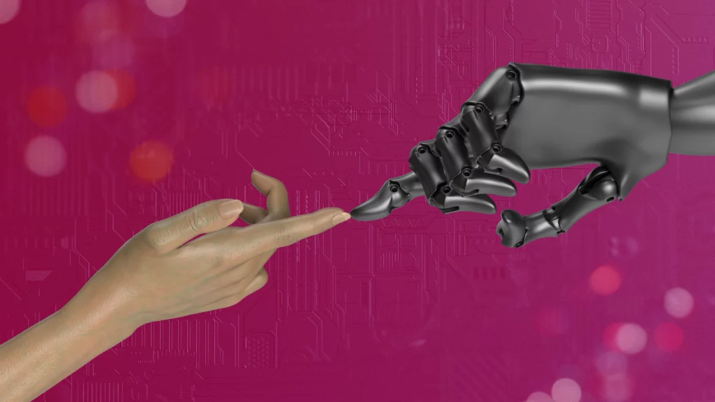 Una mano humana a punto de tocar un dedo robótico con un fondo de circuito digital y destacadas innovaciones en tecnología.