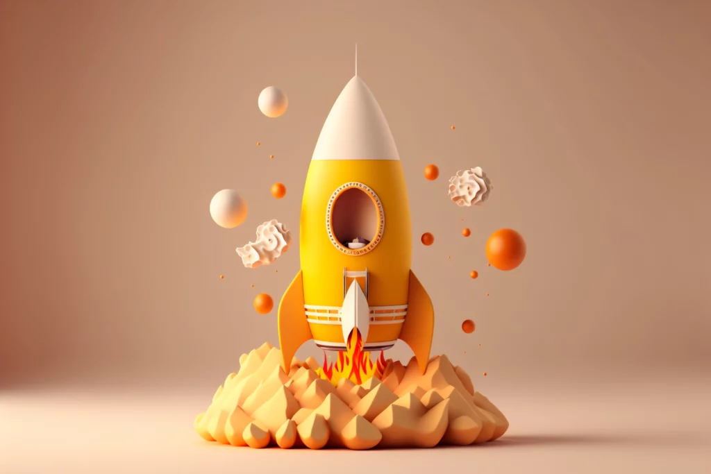 Una ilustración estilizada de un lanzamiento de cohete con esferas coloridas y objetos similares a papel arrugado flotando a su alrededor, sirvi.