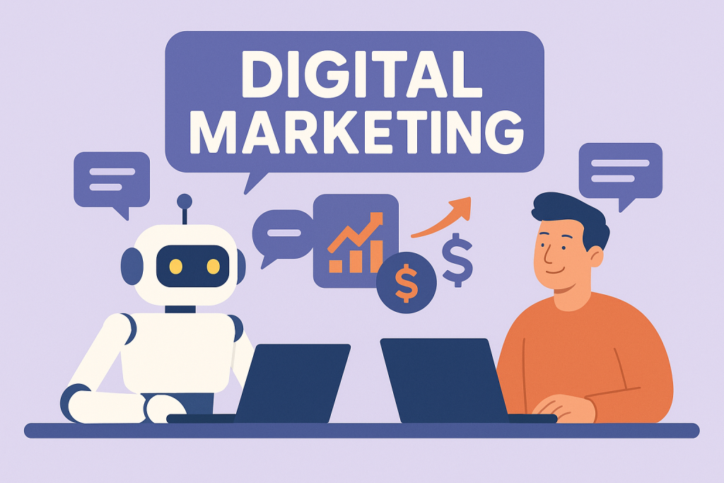Humano hablando a un bot para tomar decisiones de marketing digital. Burbujas de chat que median entre ellos.
