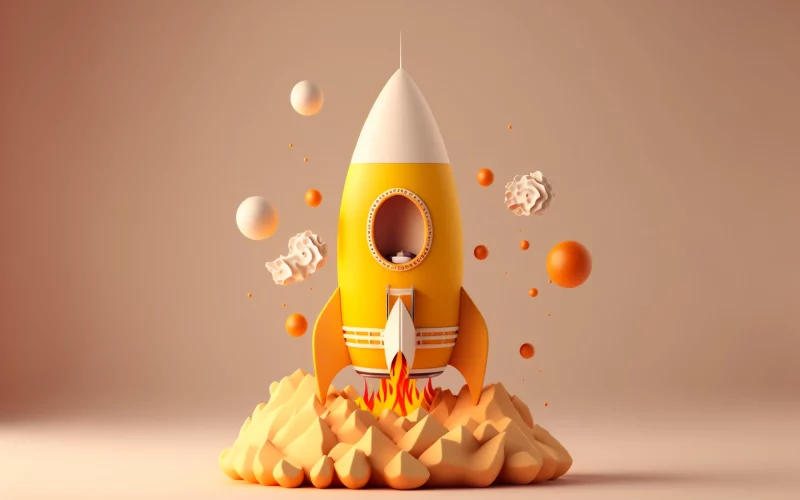 Una ilustración estilizada de un lanzamiento de cohete con esferas coloridas y objetos similares a papel arrugado flotando a su alrededor, sirvi.