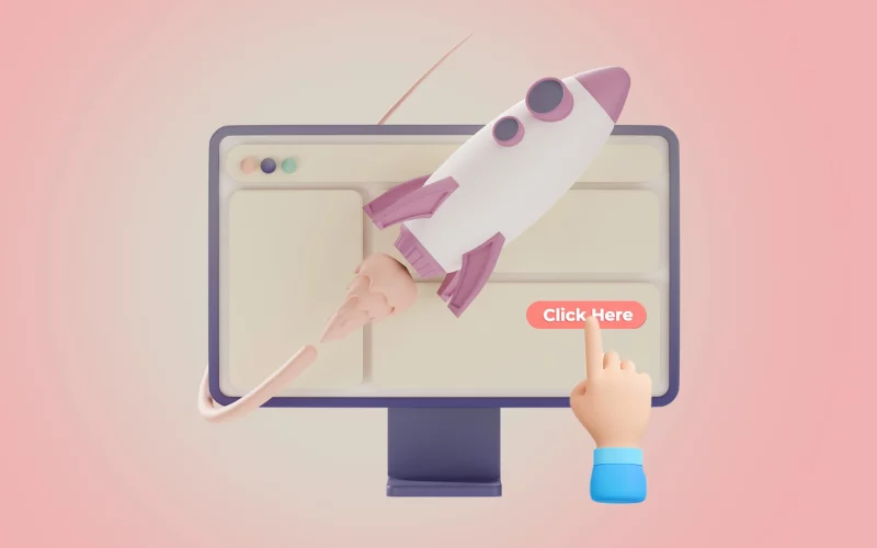 Una ilustración 3D de un monitor de computadora que muestra un cohete caricaturesco haciendo clic en un botón que dice "clic aquí" con un cursor en forma de