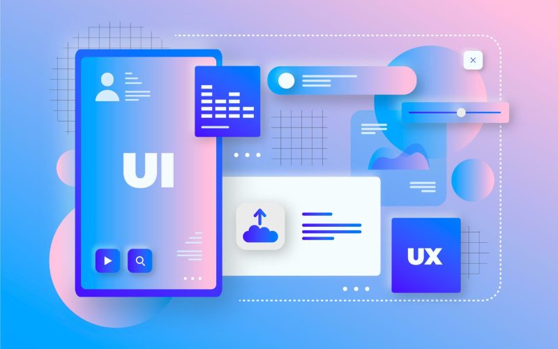 Representación abstracta de elementos de diseño de aplicaciones UI (interfaz de usuario) y UX (experiencia de usuario).