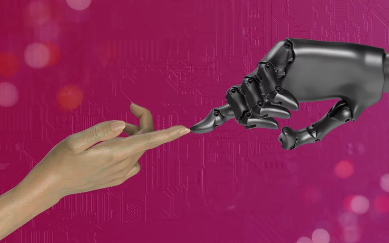 Una mano humana a punto de tocar un dedo robótico con un fondo de circuito digital y destacadas innovaciones en tecnología.