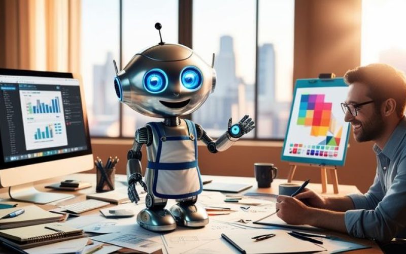 Humano haciendo marketing digital con un bot, gráficas y documentos sobre la mesa.