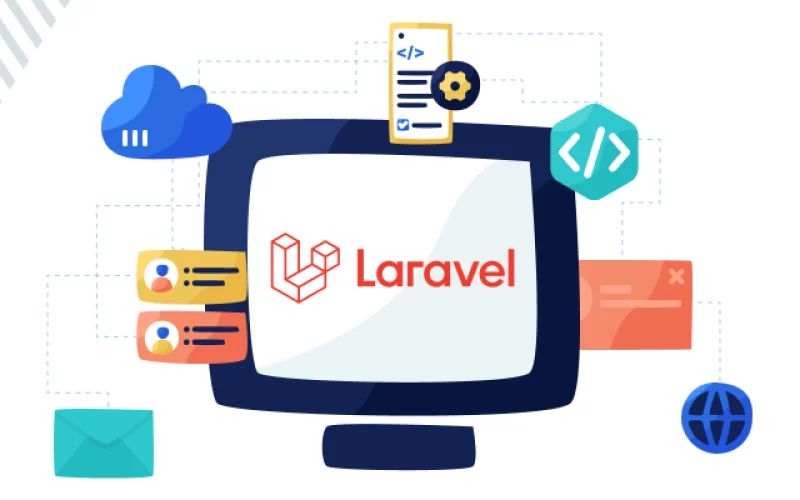 Una ilustración gráfica que representa el proyecto Laravel con herramientas asociadas de desarrollo web e iconos.